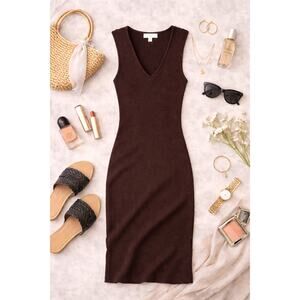 Magaschoni Women's Ribbed Sleeveless V Neck Midi Dress Stretch Bodycon Brown L